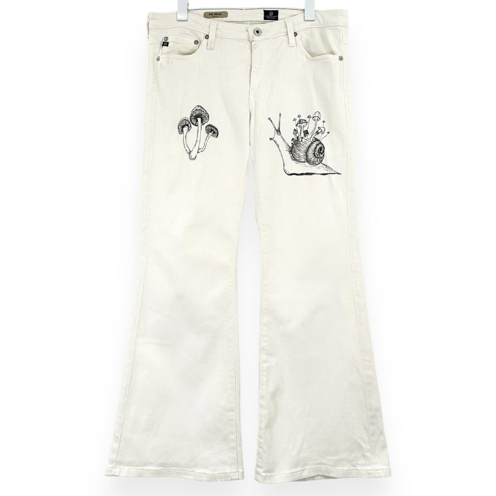 White Hand Painted Snail & Mushroom Flare Jeans; AG Adriano Goldschmied